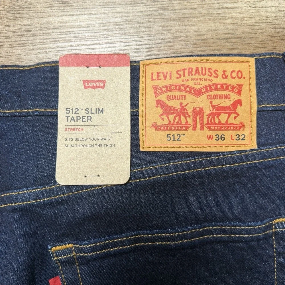 Levis 512 Jeans Men 36x32 Blue Slim‎ Tapered Stretch Denim Dark Indigo Wash NEW